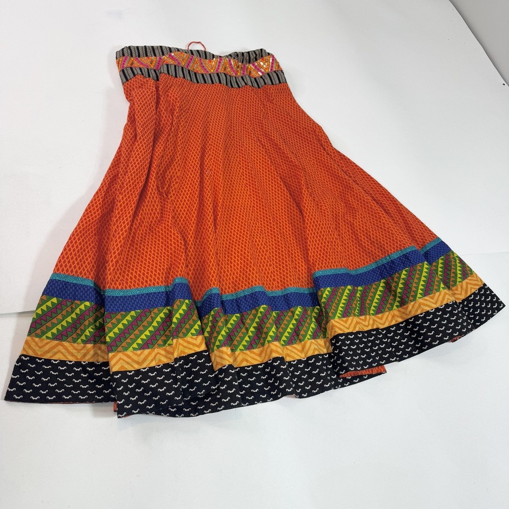Zola Skirt Womens One Size Orange Geometric Boho Peasant Beaded Maxi Embroidered
